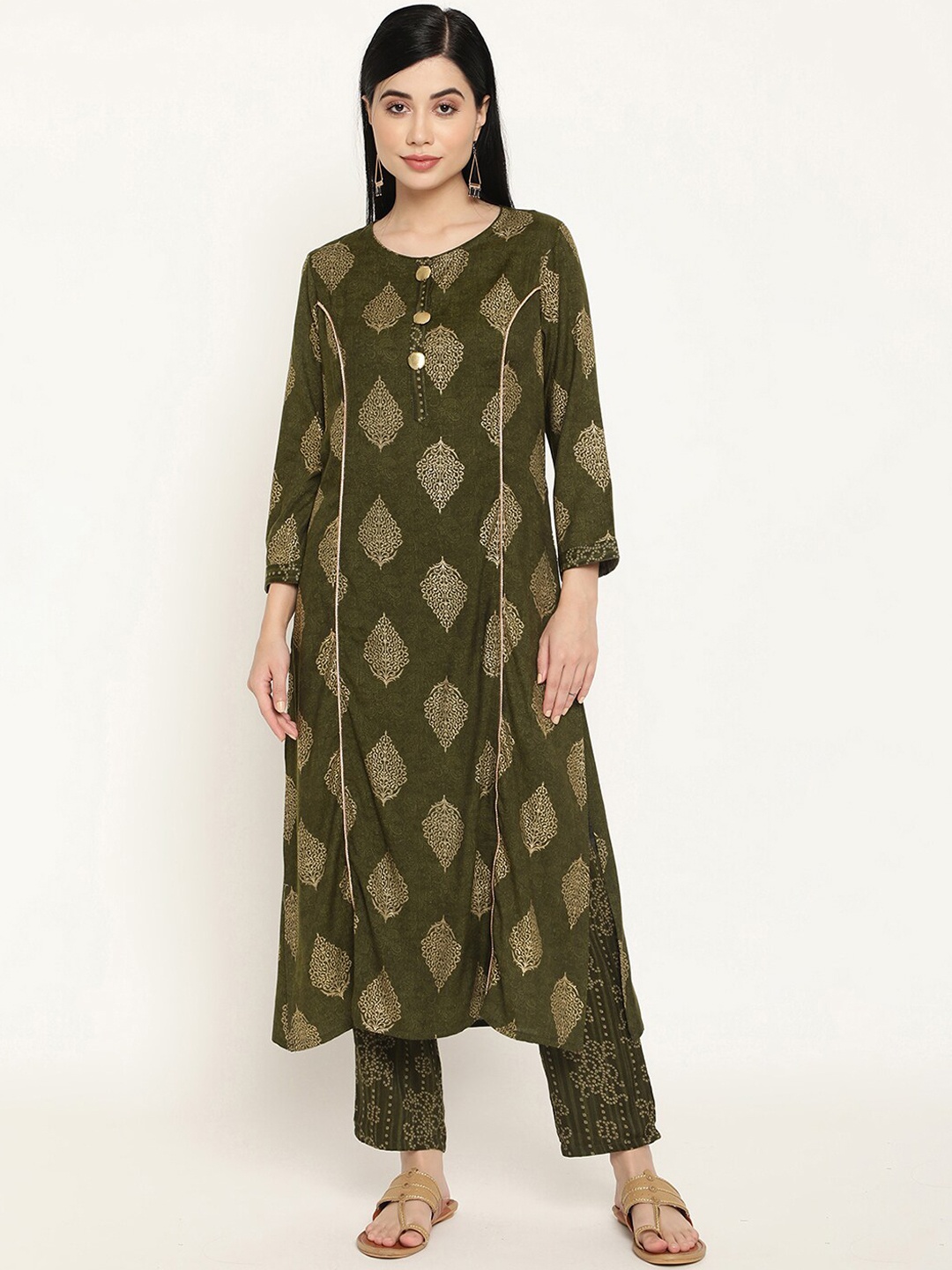 

Be Indi Women Ethnic Motifs Printed Straight Kurta with Trousers, Green