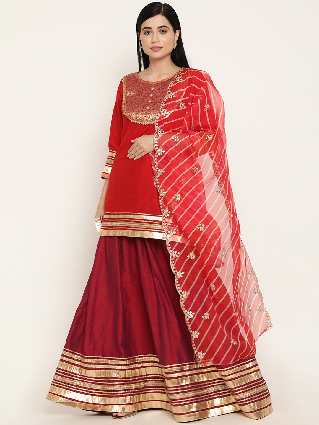 

Be Indi Women Ethnic Motifs Yoke Design Straight Kurta with Skirt & Dupatta Set, Red