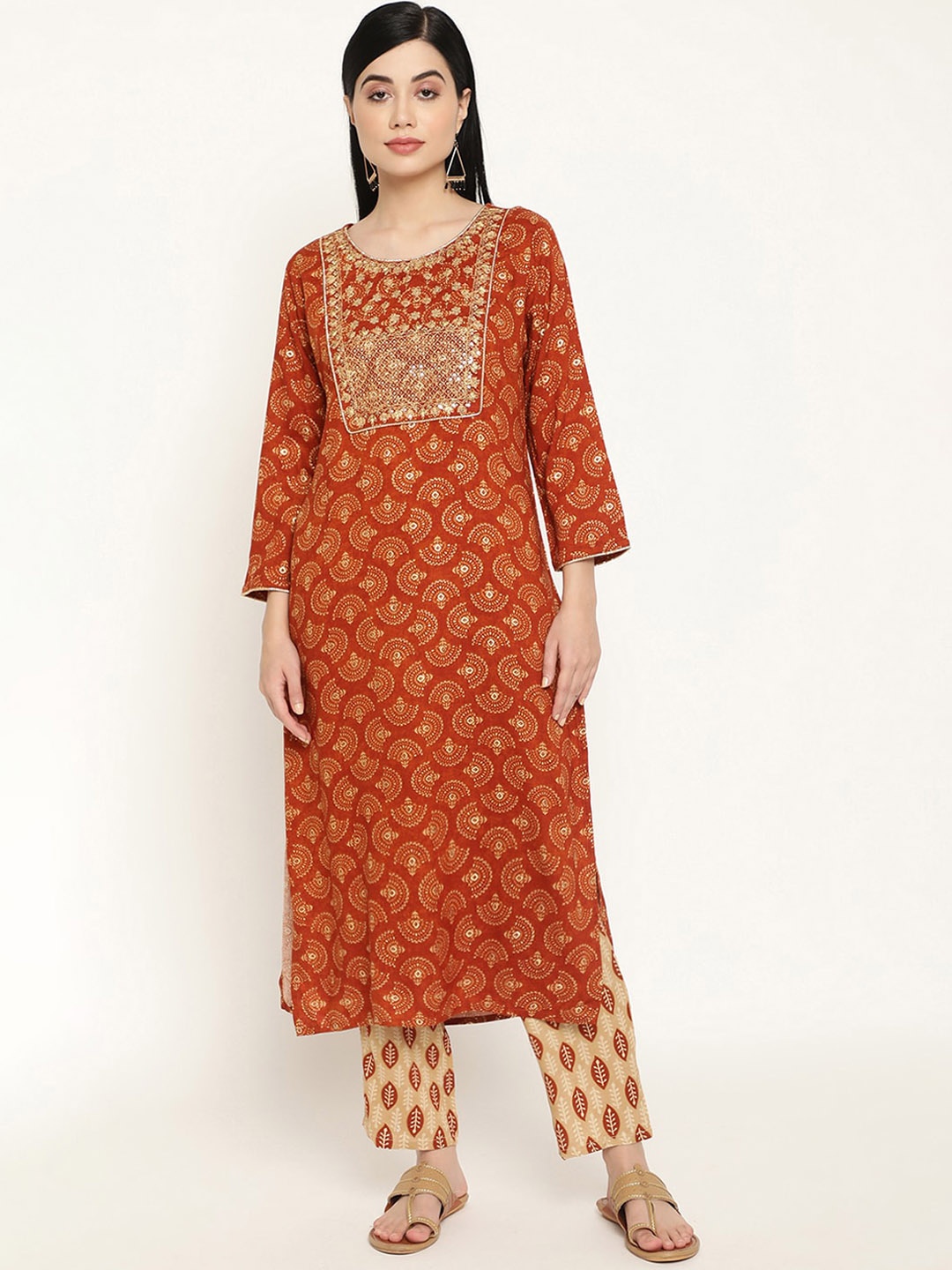 

Be Indi Women Ethnic Motifs Embroidered Straight Kurta with Trousers, Brown