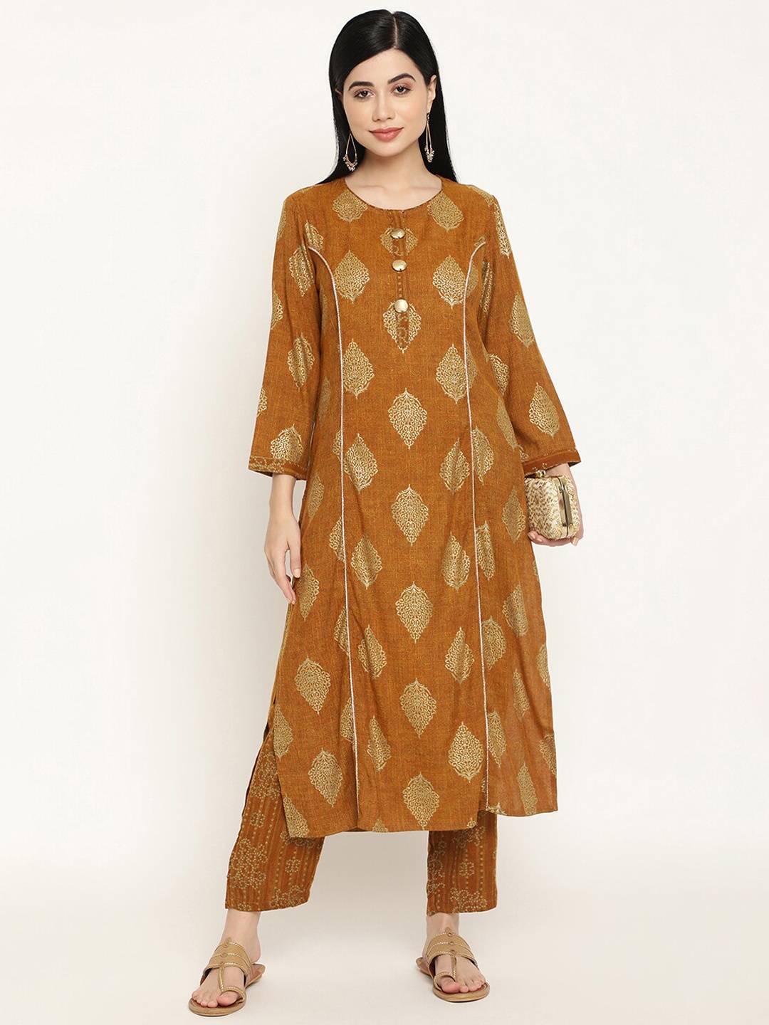 

Be Indi Women Ethnic Motifs Printed Kurta Set with Trouser & Dupatta, Mustard