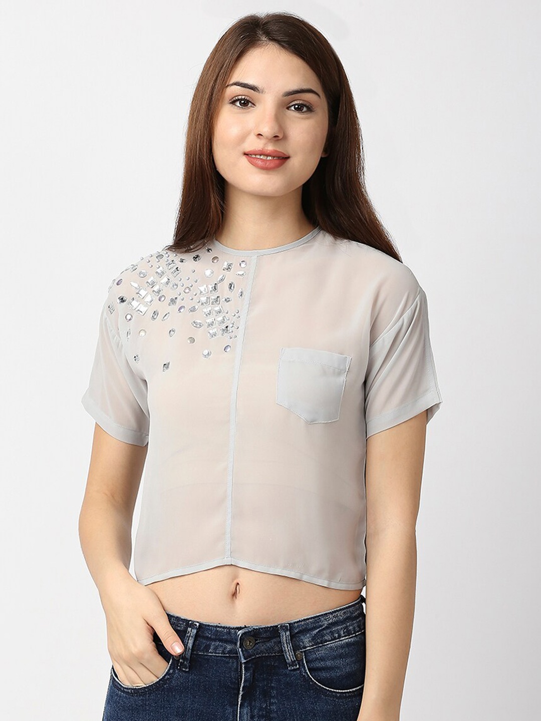 

aaliya Blue Embellished Studded Sheer Georgette Crop Top