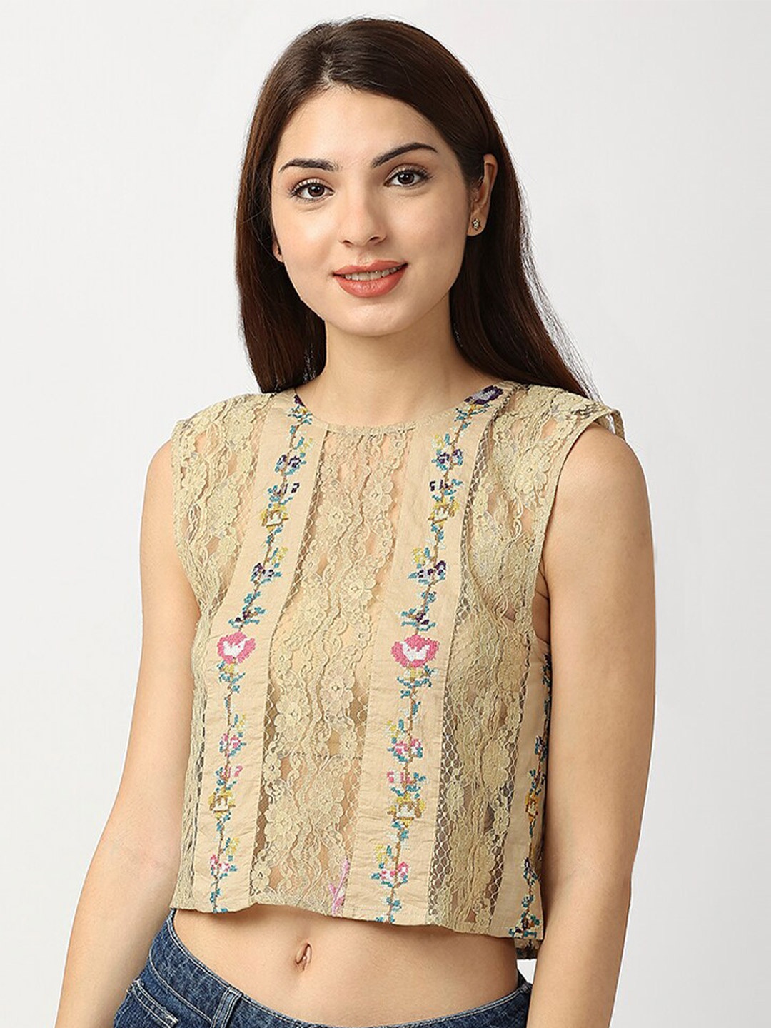 

aaliya Cream-Coloured Floral Print Bohemian Lace Crop Top