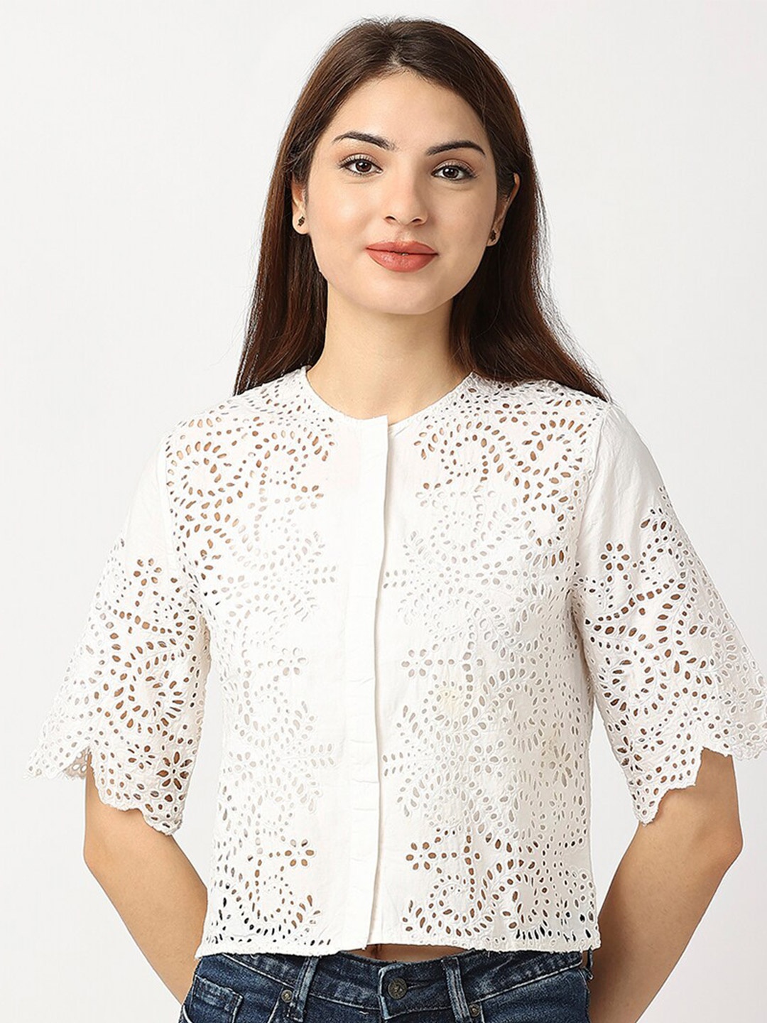 

aaliya White Floral Lace Schiffli Cotton Crop Top