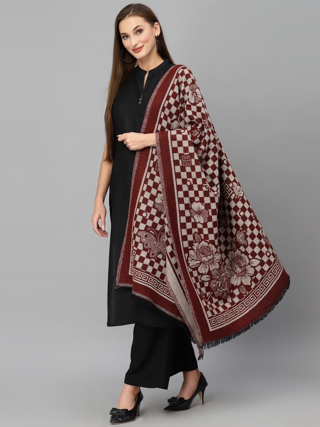 

Style Quotient Women Maroon & Beige Embroidered Shawl