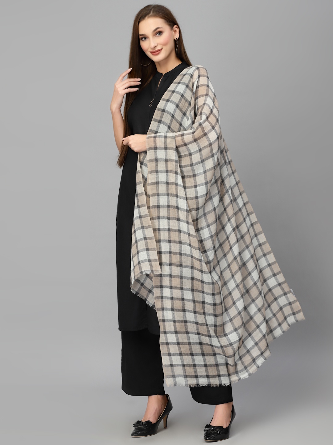 

Style Quotient Women Beige & White Checked Pure Wool Shawl