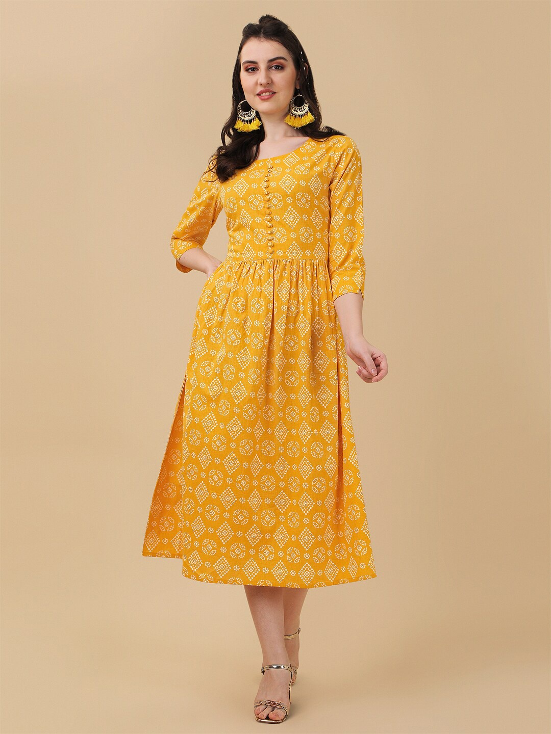 

Sangria Women Bandhani Printed Pure Cotton A-Line Dress, Mustard