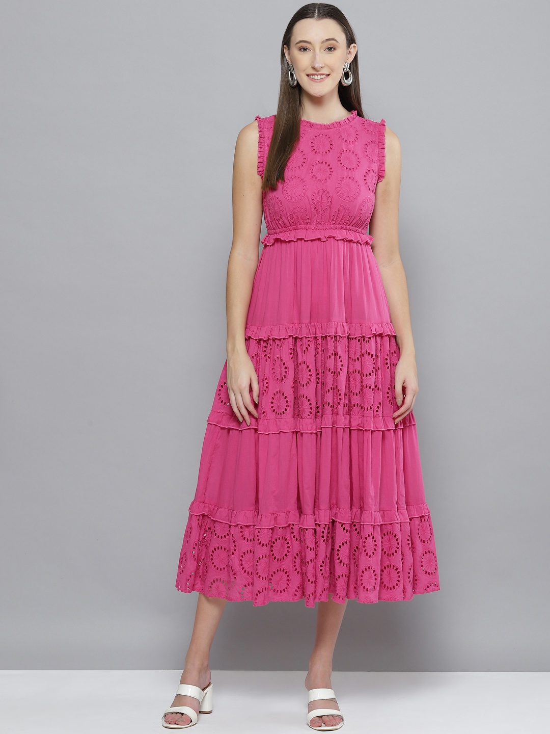 

Femella Women Pink Schiffli Tiered Midi Dress