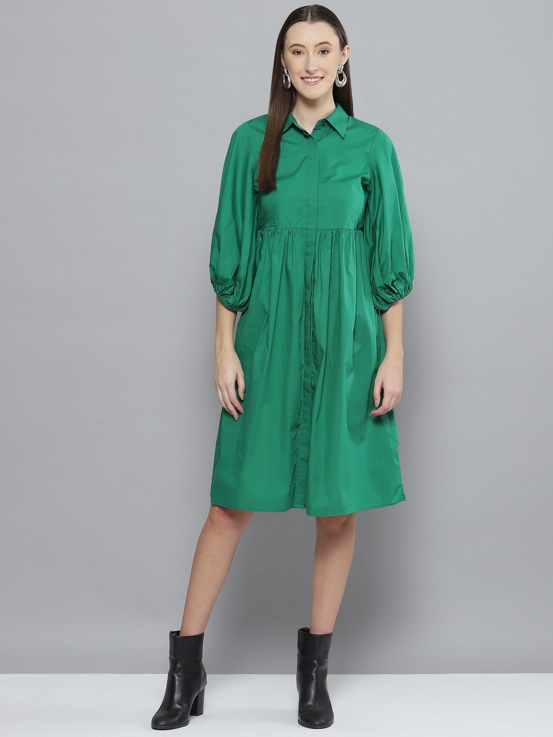 

Femella Women Green Puff Sleeves Shirt Dress