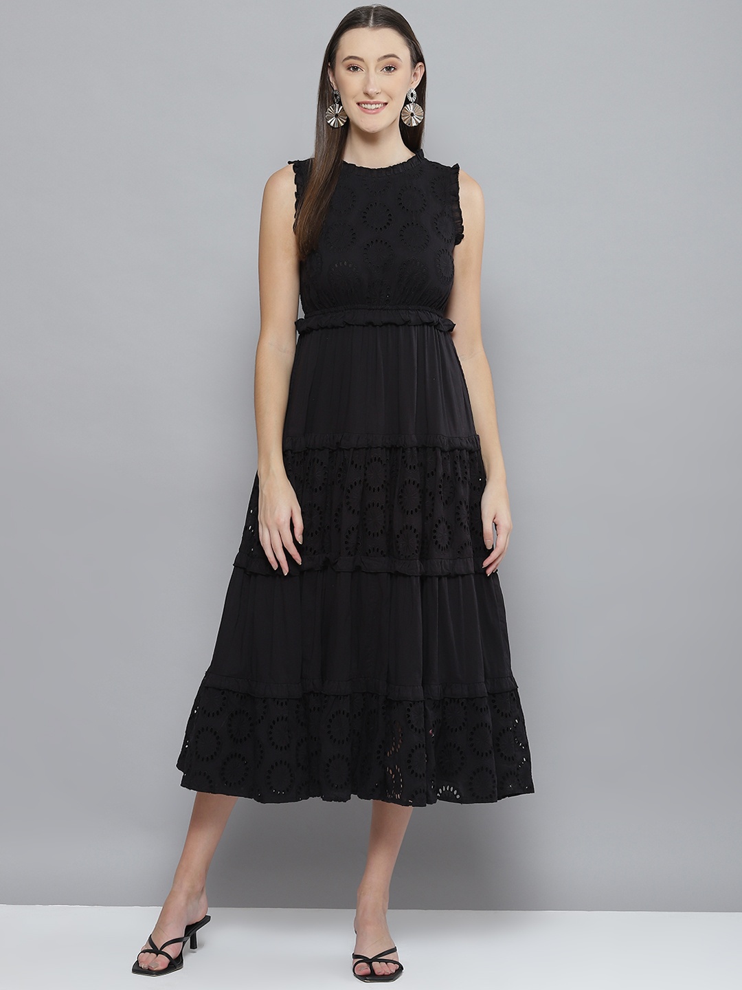 

Femella Women Black Schiffli Tiered Midi Dress