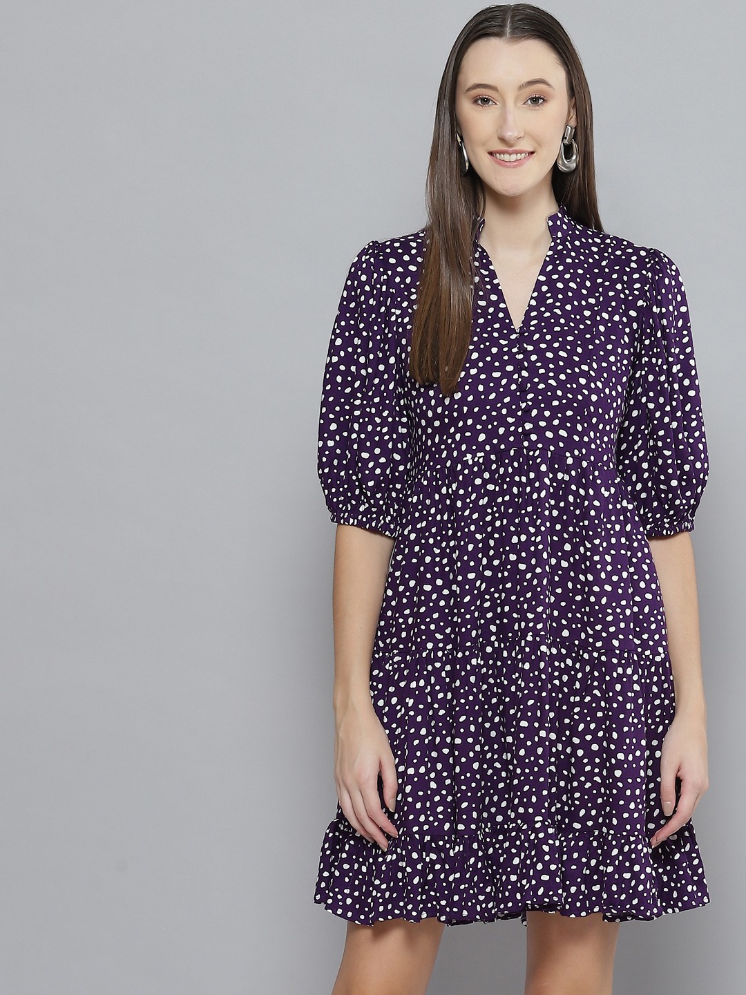 

Femella Women Purple & White A-Line Puff Sleeves Mini Dress