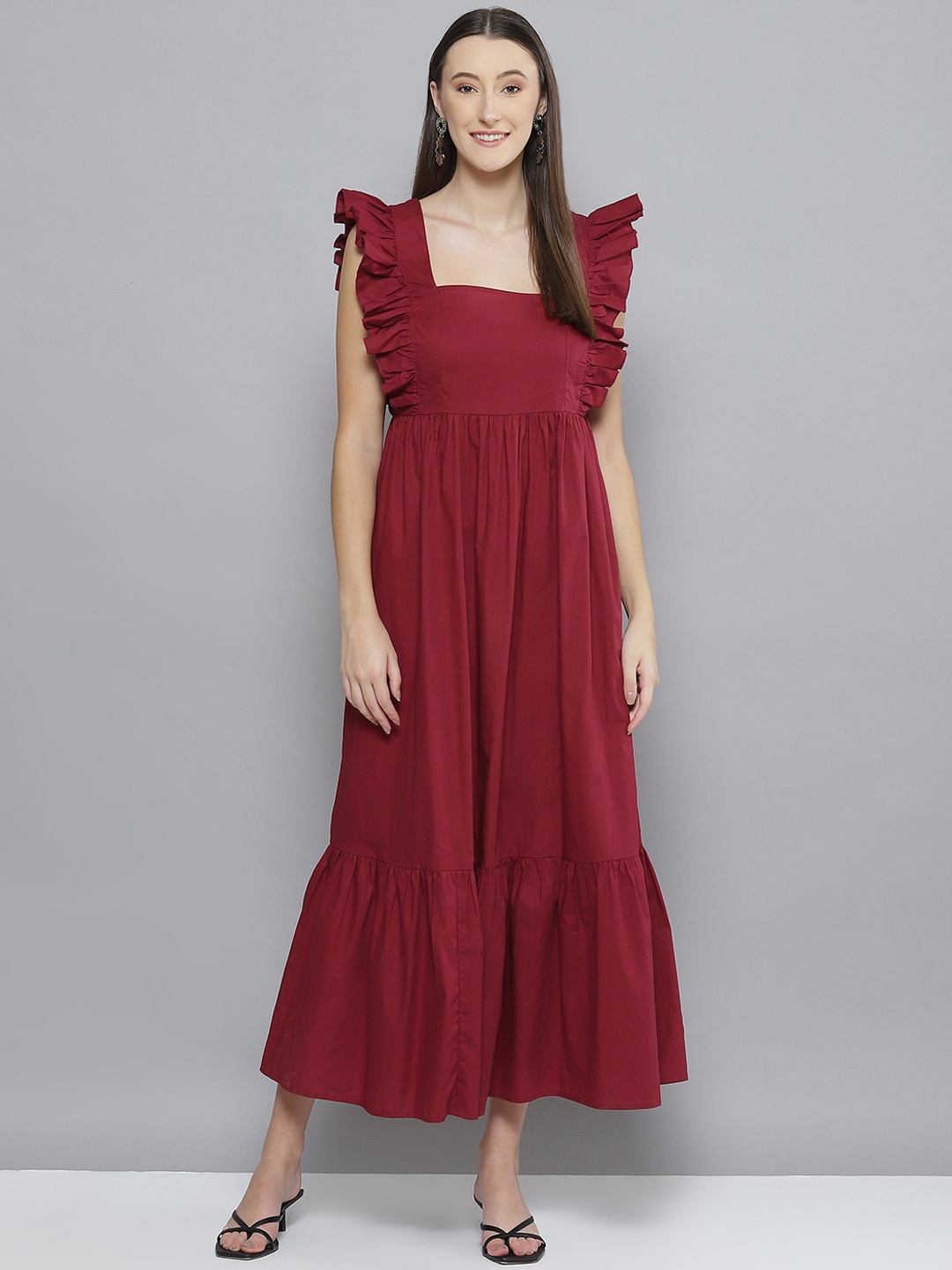 

Femella Women Red Tiered Flutter Sleeves Maxi Dress