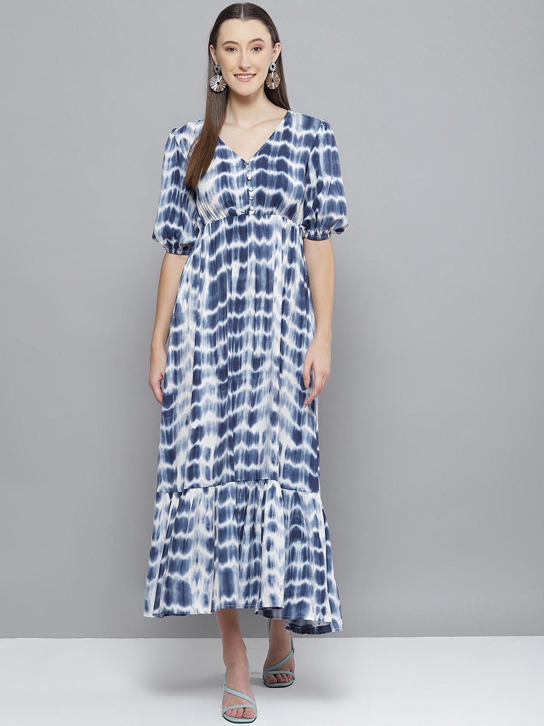 

Femella Women Blue & White Tie and Dye A-Line Puff Sleeves Maxi Dress