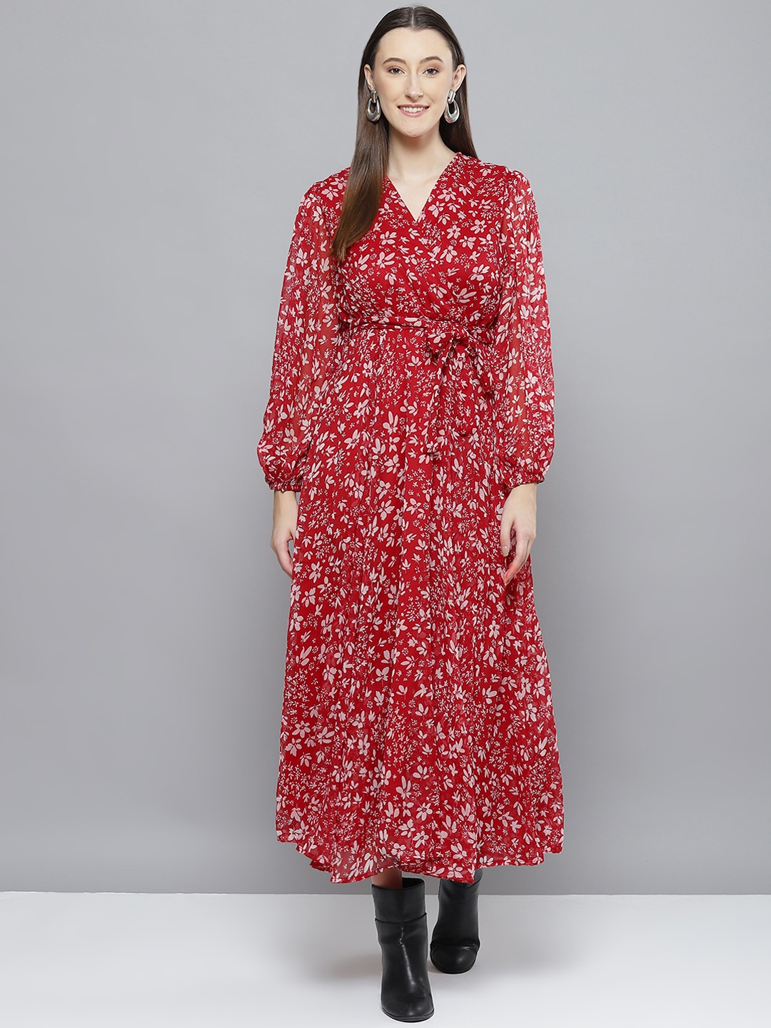 

Femella Women Red & Off White Floral Chiffon Maxi Wrap Dress