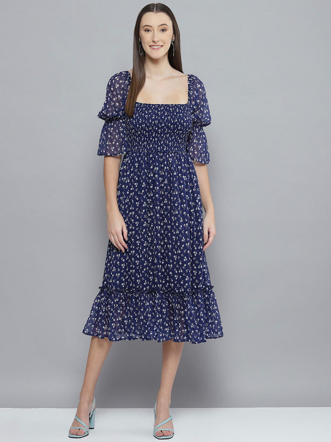 

Femella Women Floral Chiffon Smocked Puff Sleeves Midi Dress, Navy blue