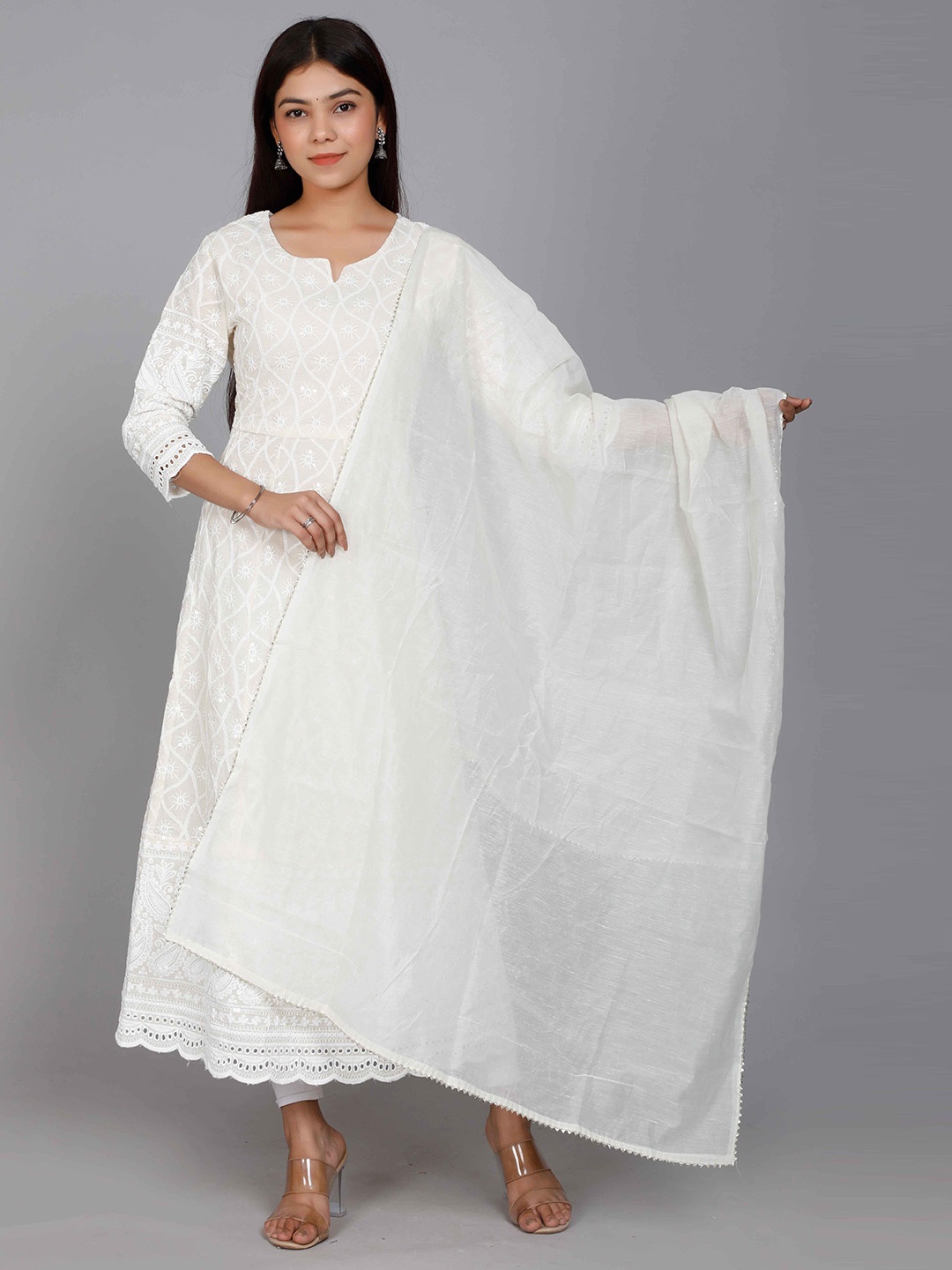 

MIRAVAN Chikankari With Embroidery Cotton Kurta Gown With Dupatta, White