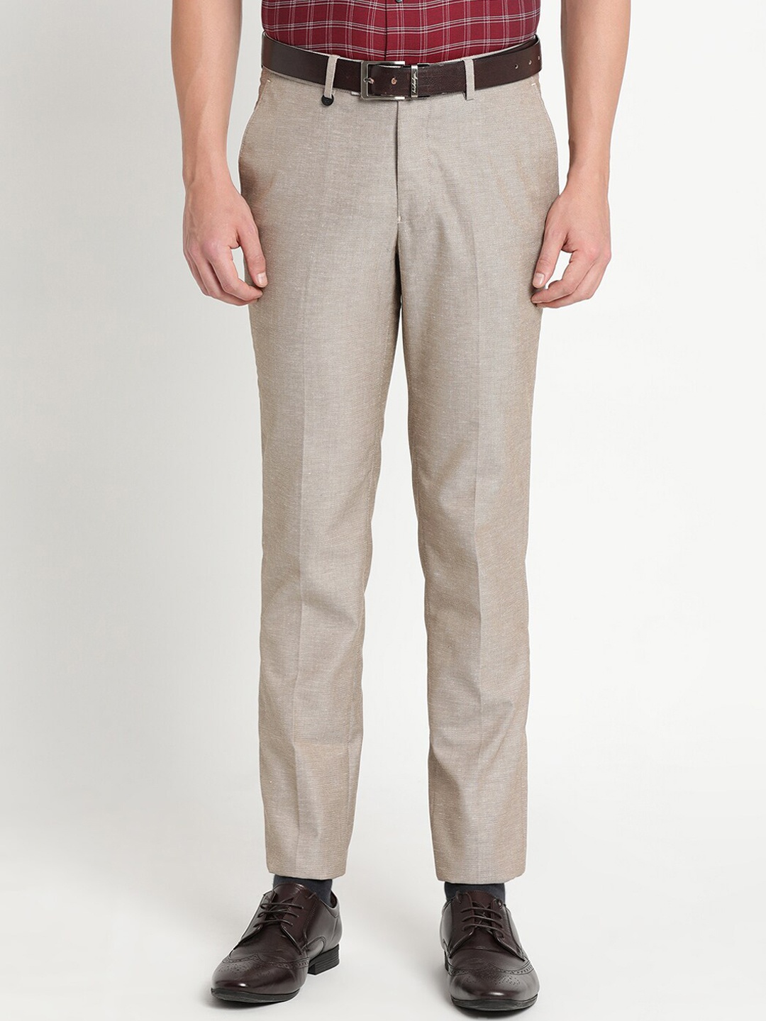 

Turtle Men Khaki Textured Tailored Slim Fit Trousers