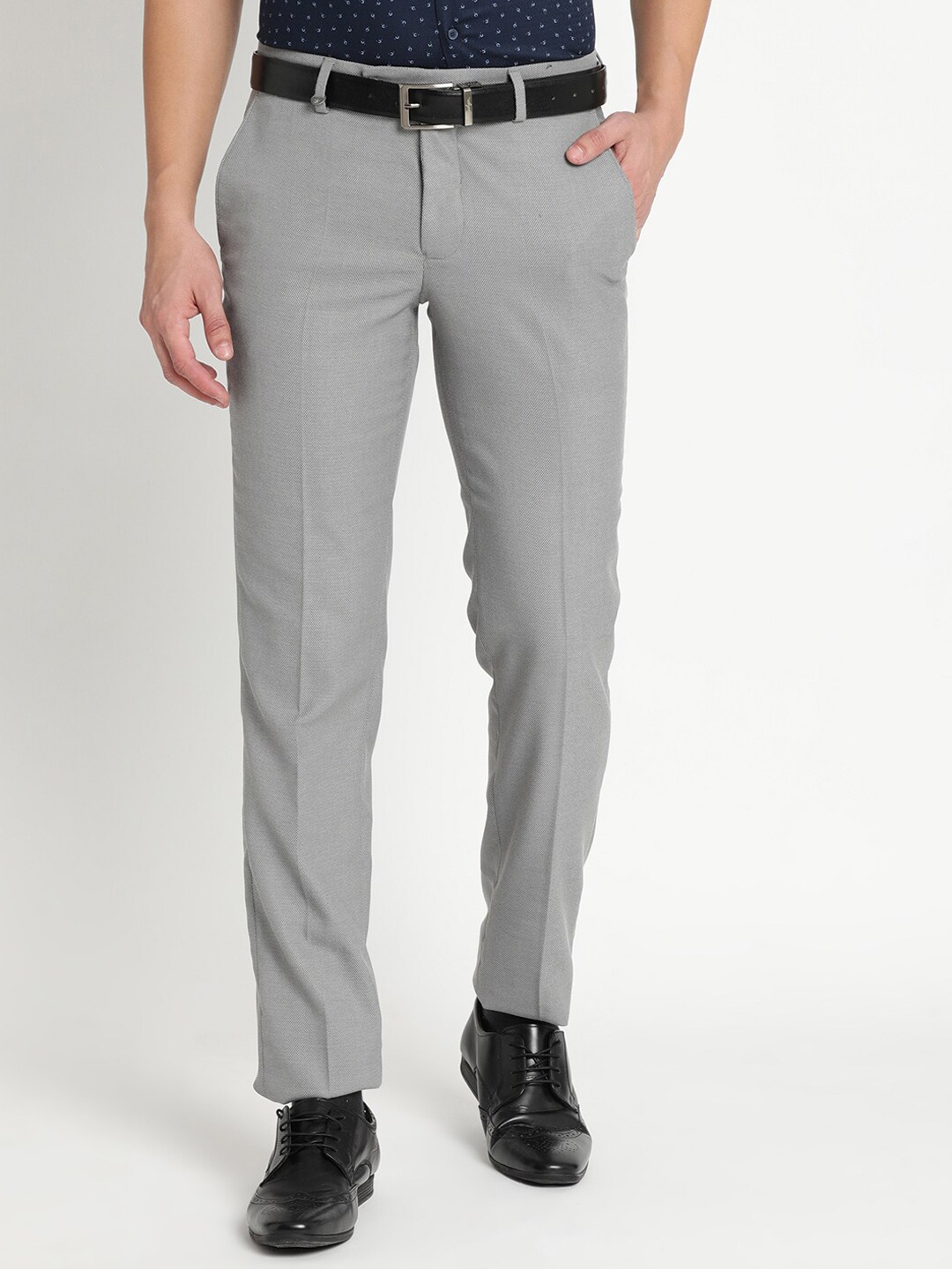 

Turtle Men Grey Textured Tailored Slim Fit Formal Trousers