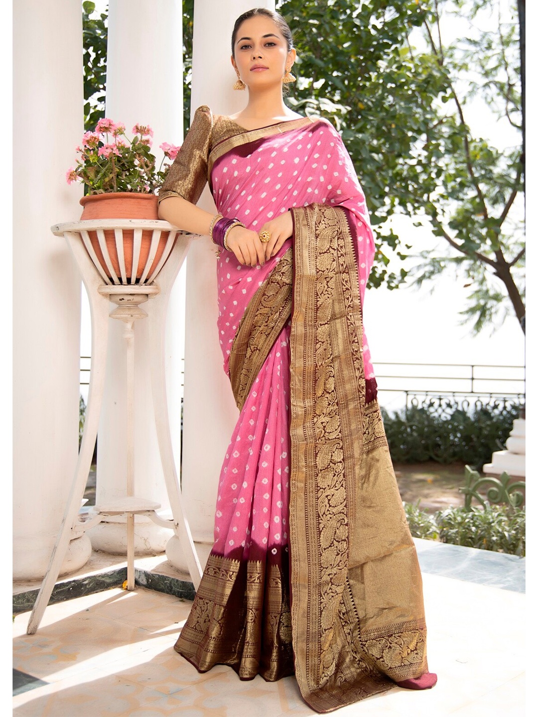 

Geroo Jaipur Handcrafted Bandhani Modal Silk with Kanchipuram Border, Pink