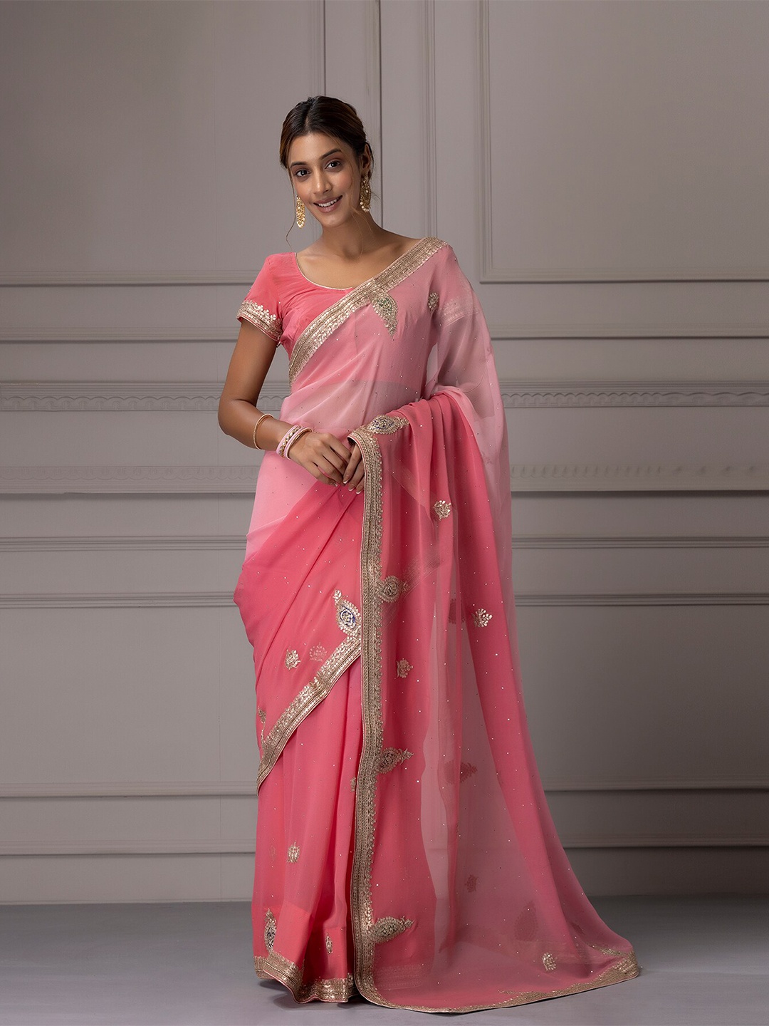 

Geroo Jaipur Ombre Handcrafted Gota Patti Pure Georgette Saree, Pink