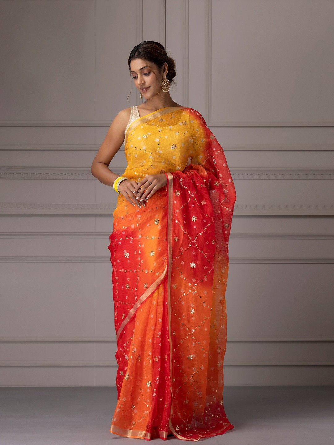 

Geroo Jaipur Handcrafted Floral Gota Jaal Pure Kota Silk Saree, Yellow
