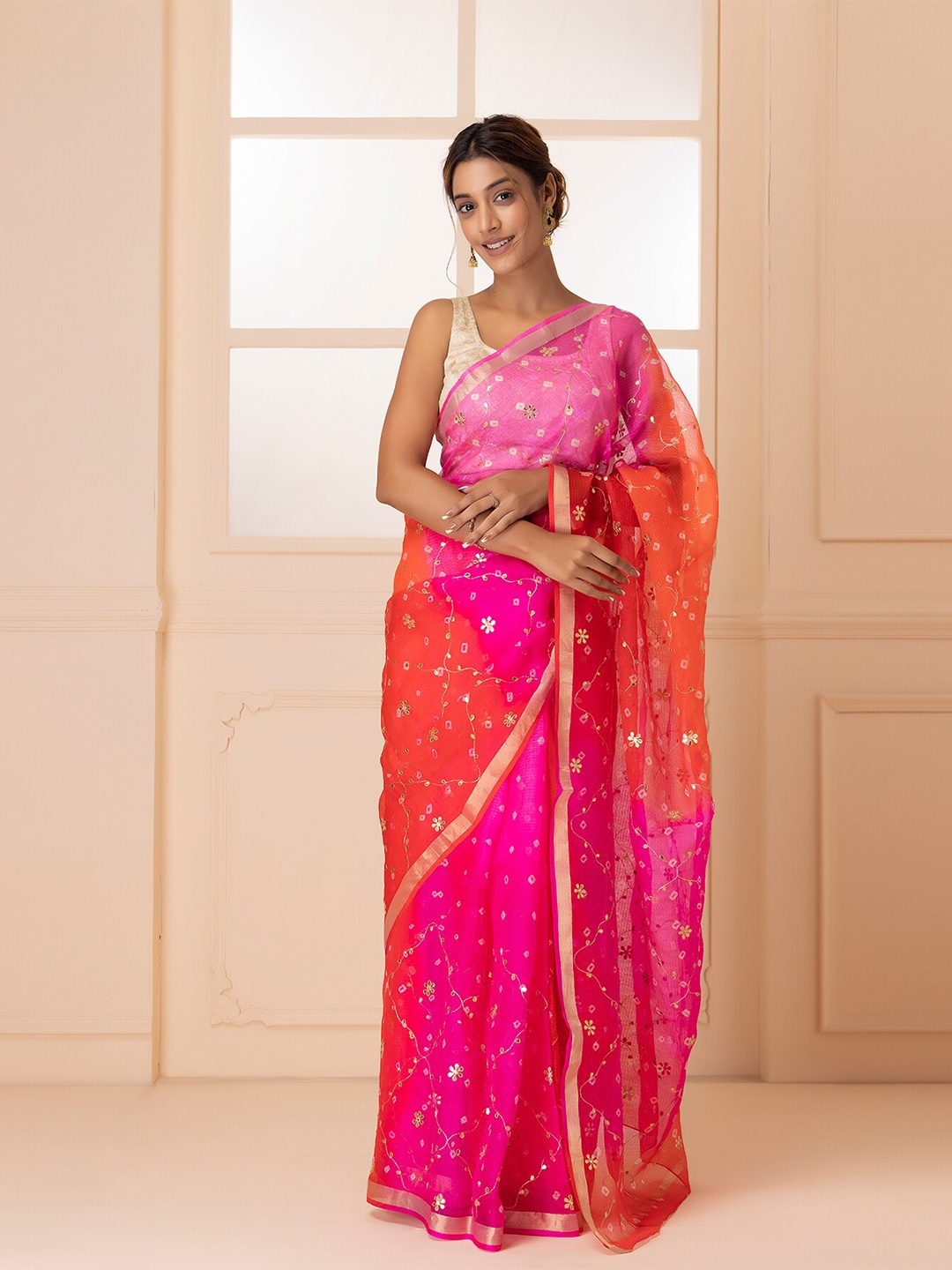 

Geroo Jaipur Orange & Pink Floral Gotta Patti Silk Cotton Saree