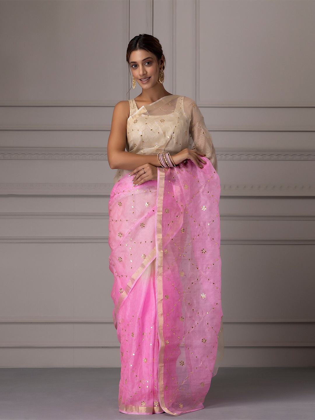 

Geroo Jaipur Shaded Handcrafted Gota Jaal Pure Kota Silk Saree, Cream