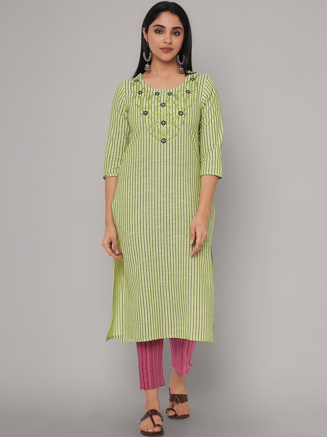 

Sanganeri Kurti Women Green Embroidered Pure Cotton Kurta with Trousers