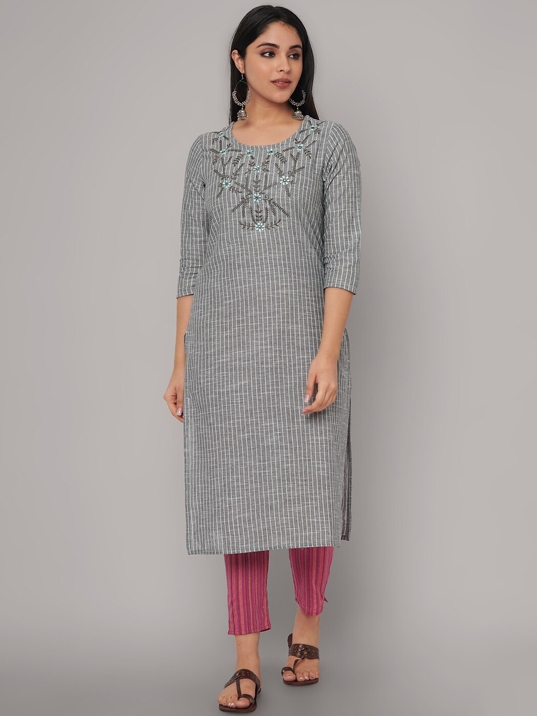 

Sanganeri Kurti Women Grey Embroidered Pure Cotton Kurta with Trousers