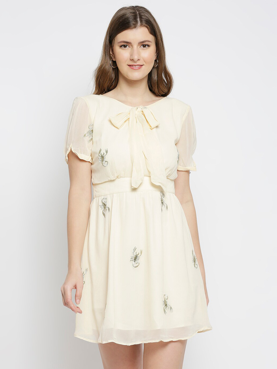 

aaliya Beige Embroidered Tie-Up Neck Georgette A-Line Dress