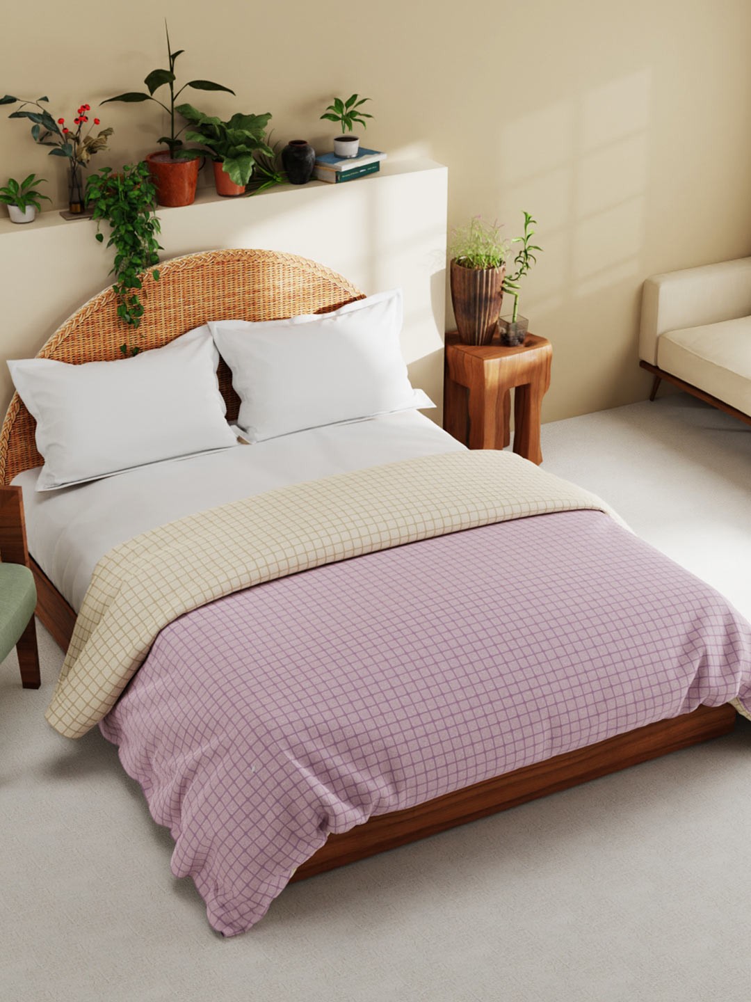 

BIANCA Purple & Beige Checked AC Room 180 GSM Pure Cotton Reversible Double Bed Quilt