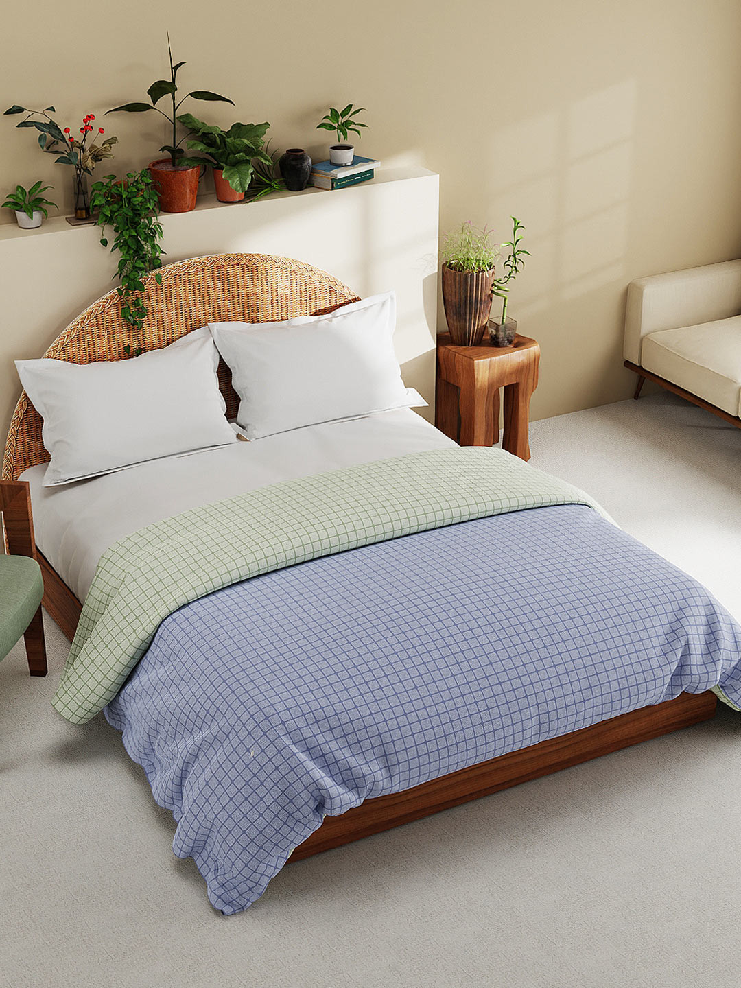 

BIANCA Green & Blue Checked AC Room Cotton Reversible 180 GSM Pure Cotton Double Bed Quilt