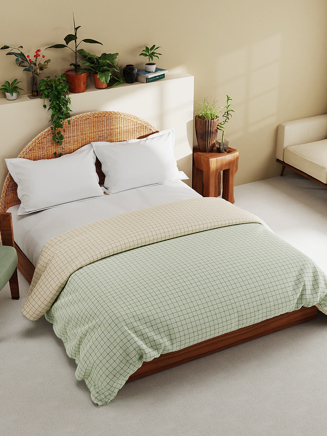 

BIANCA Off White & Green Checked AC Room Cotton Reversible Double Bed Comforter