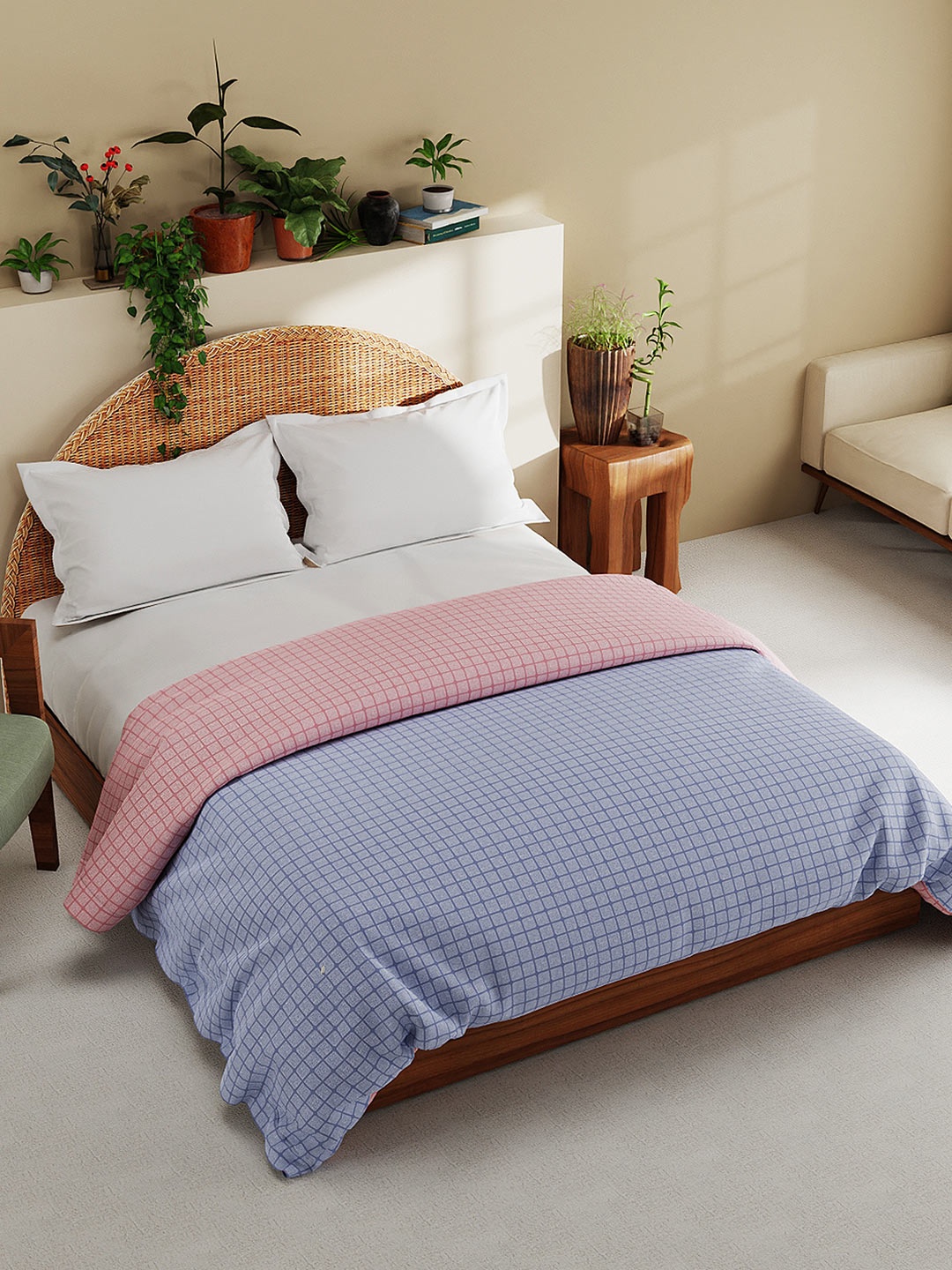 

BIANCA Pink & Blue Checked AC Room Pure Cotton Reversible Double Bed Quilt