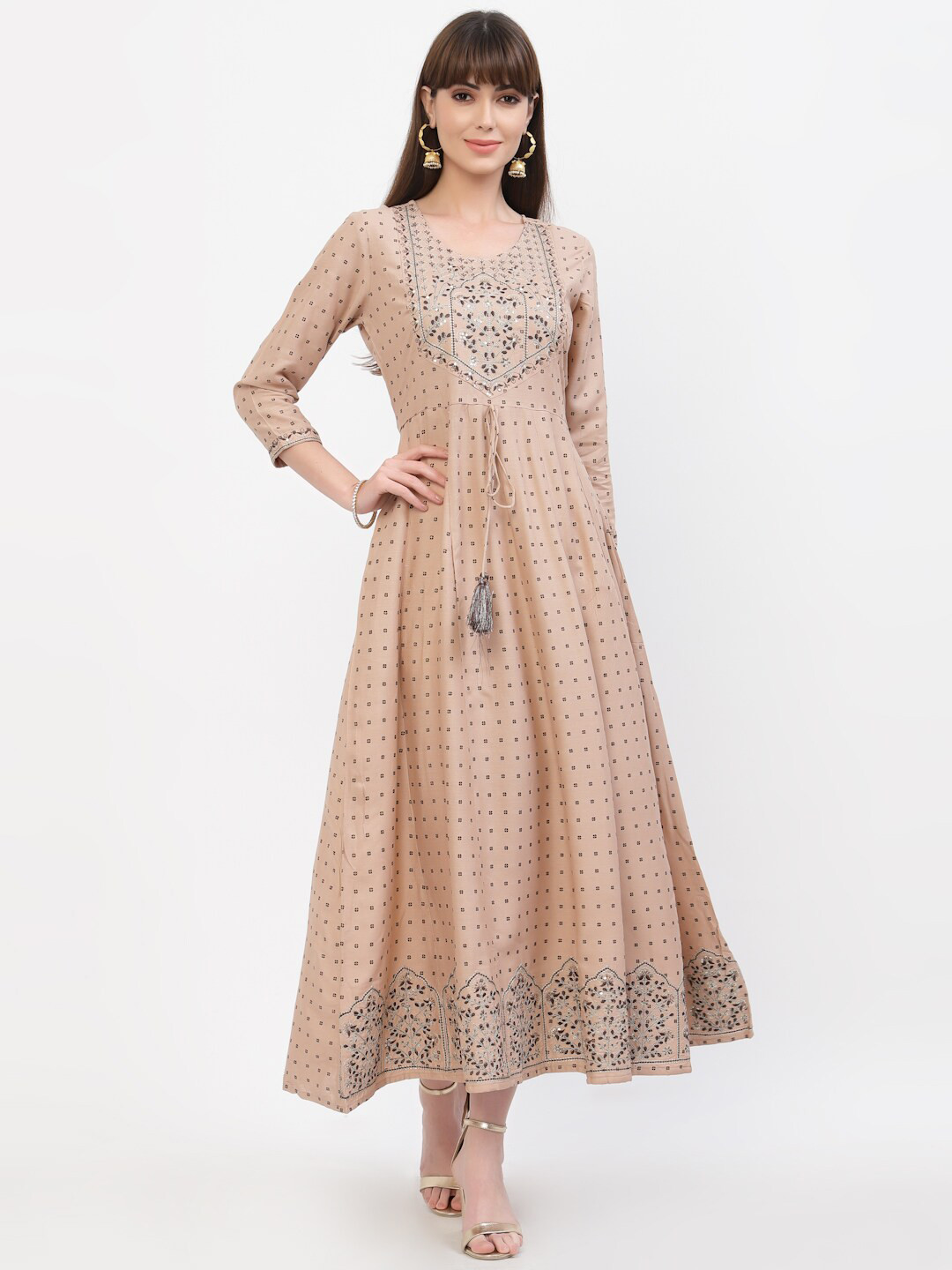

YELLOW CLOUD Peach-Coloured Ethnic Motifs Embroidered Maxi Dress