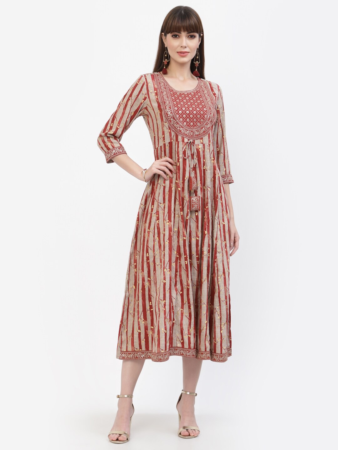 

YELLOW CLOUD Women Maroon Striped A-Line Midi Dress