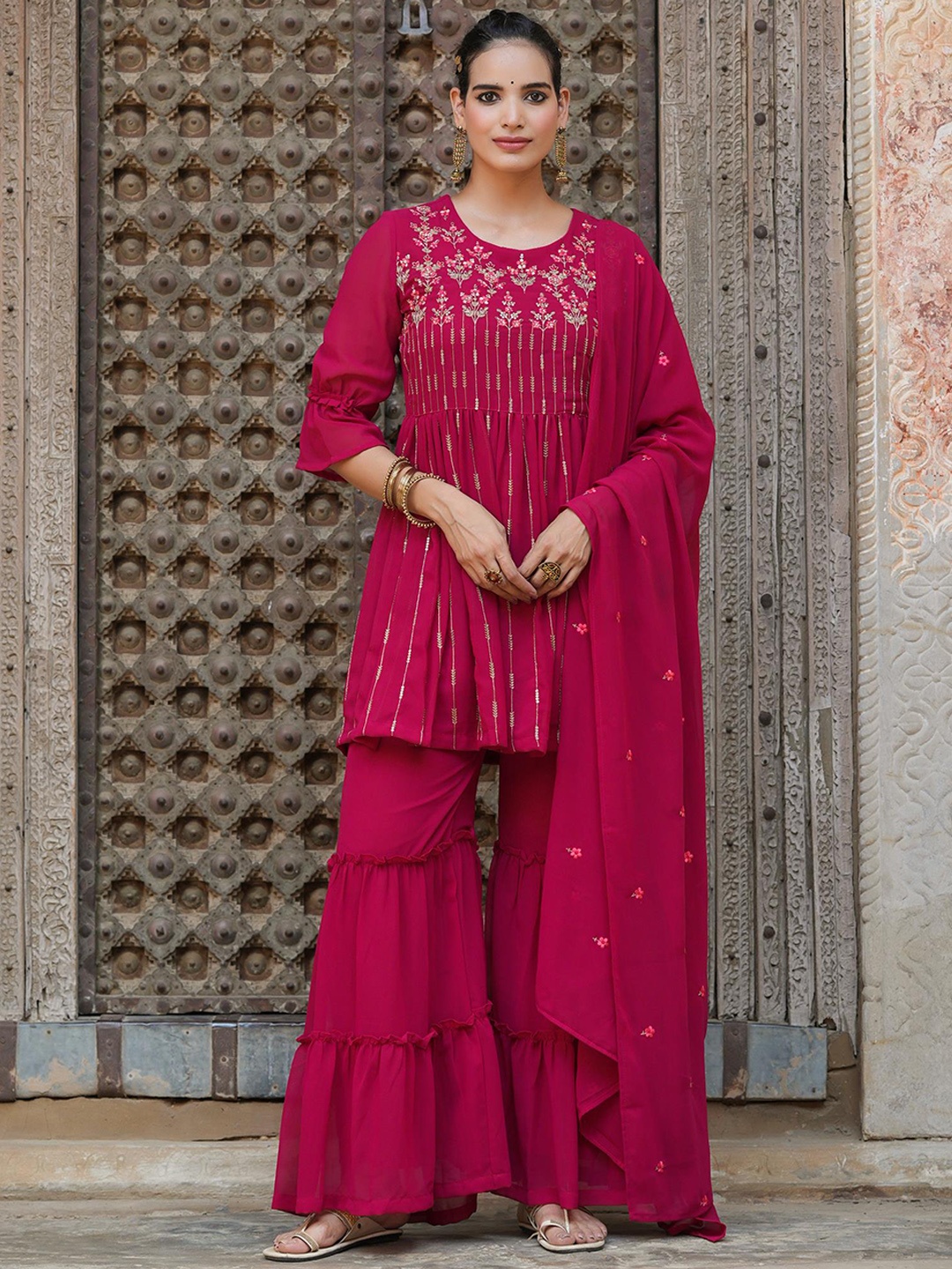 

SCAKHI Women Red Floral Embroidered Pleated Kurti with Sharara & Dupatta