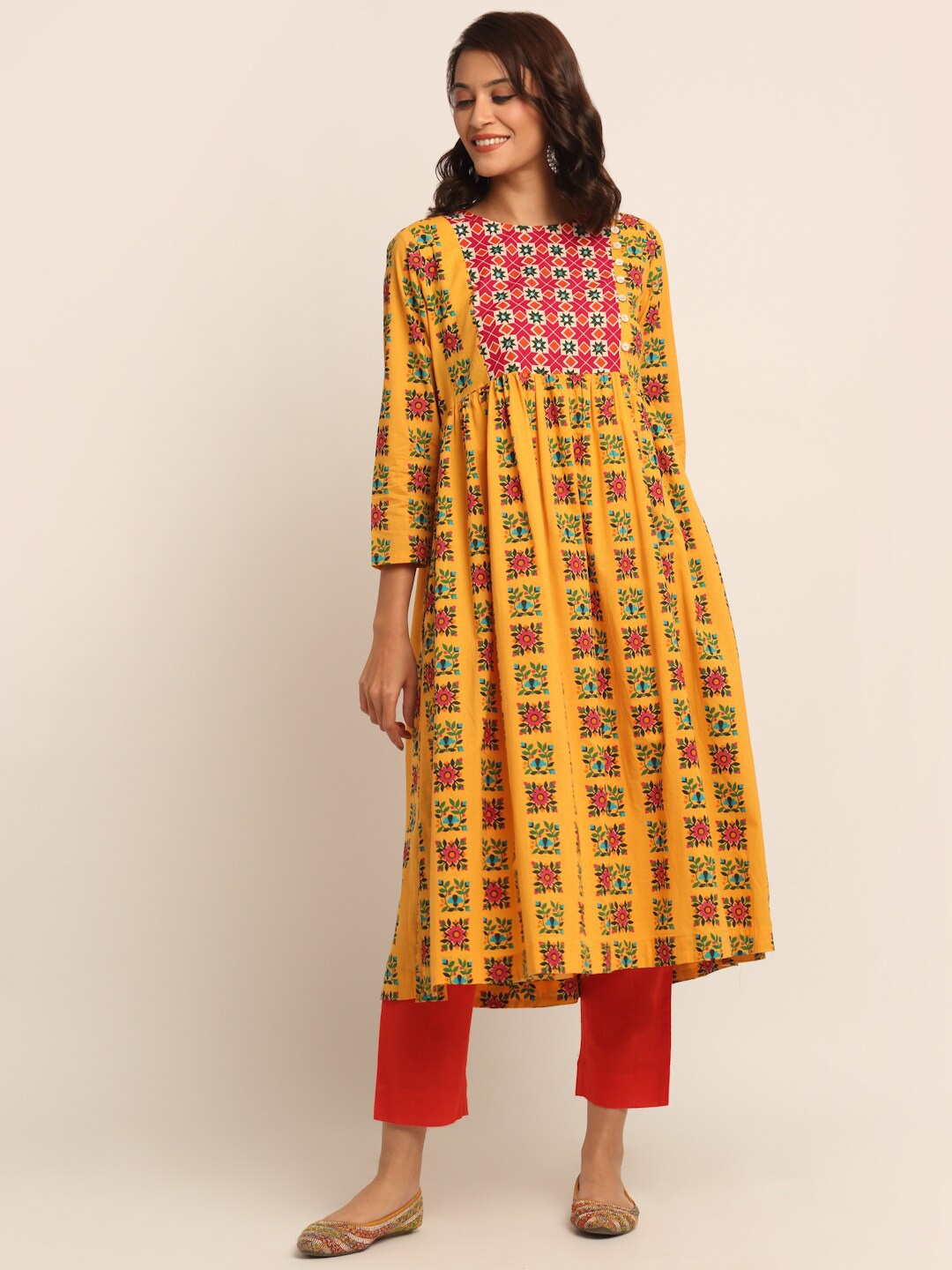 

EK BY EKTA KAPOOR Women Yellow & Red Floral Yoke Design Pure Cotton Anarkali Kurta