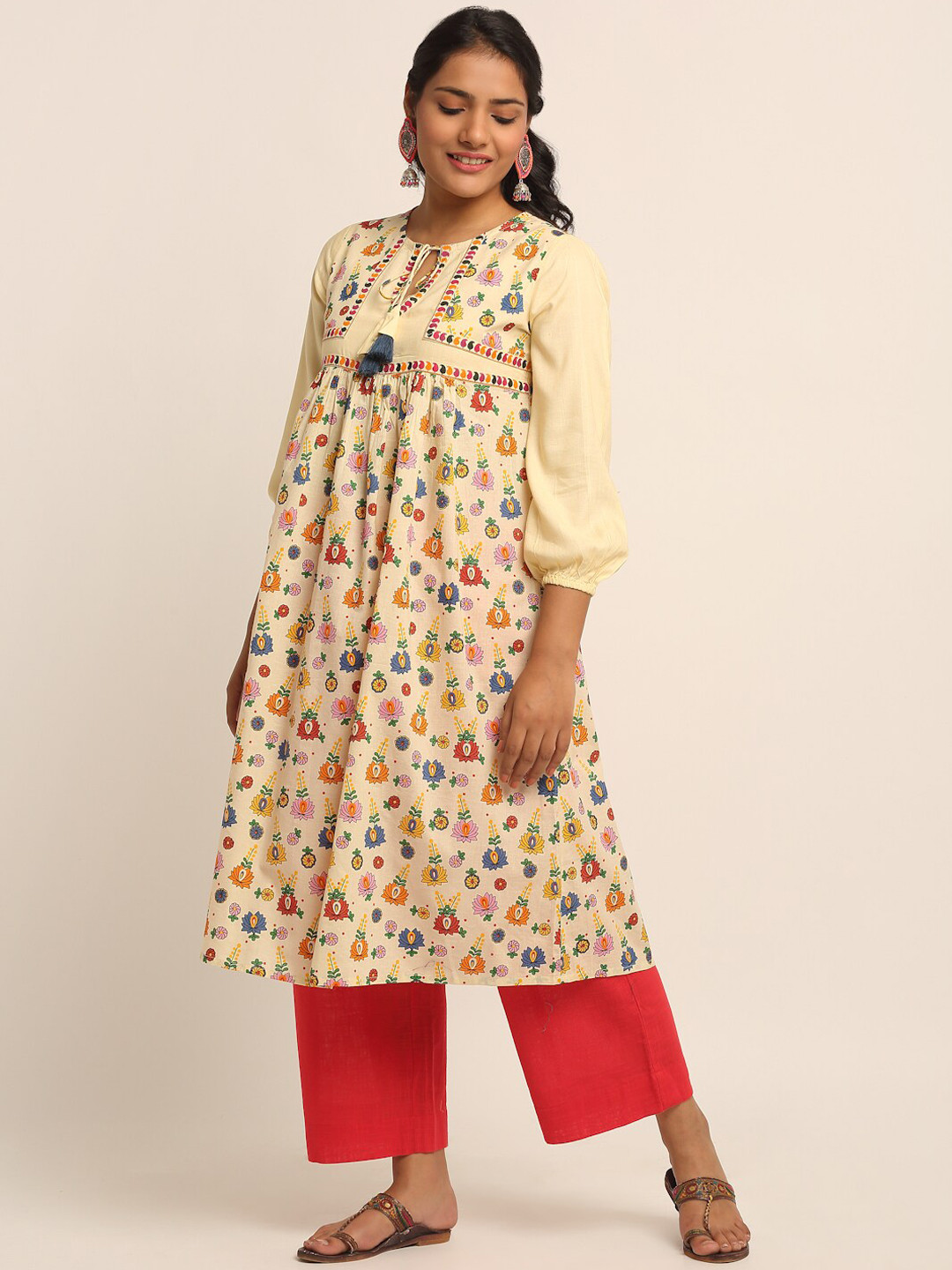 

EK BY EKTA KAPOOR Women Beige & Yellow Floral Print Cotton Kurta With Tie Up Detail