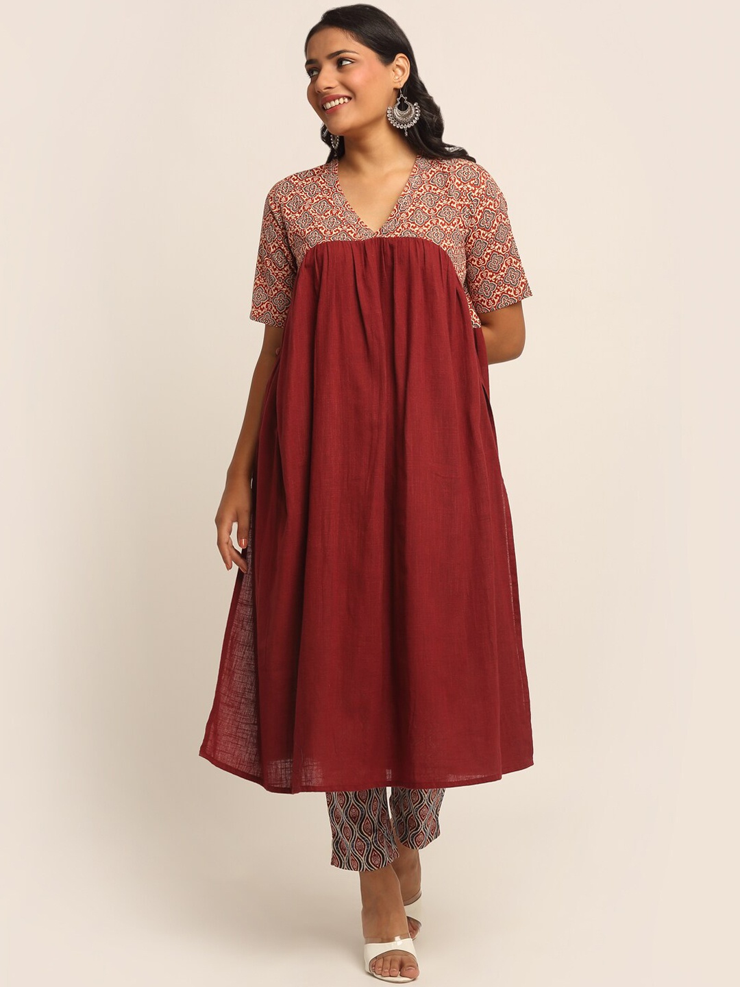 

EK BY EKTA KAPOOR Women Maroon Ethnic Motifs Printed Pure Cotton A-Line Empire Kurta