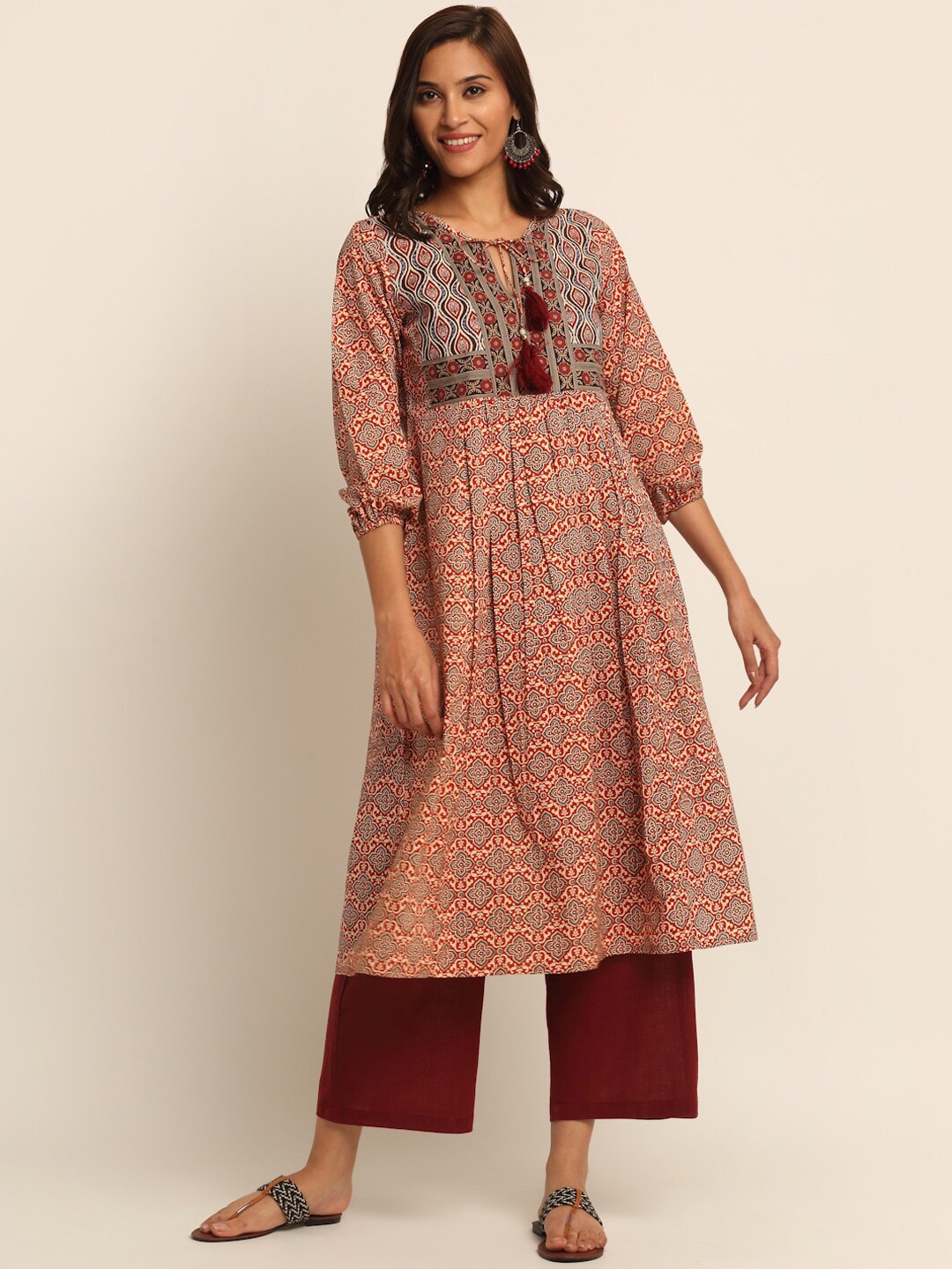 

EK BY EKTA KAPOOR Women Maroon & Black Cotton Printed A Line Bishop Sleeve Kurta