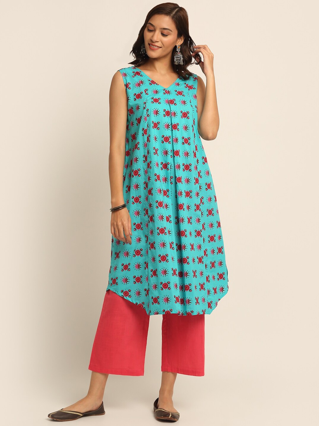

EK BY EKTA KAPOOR Women Turquoise Blue Cotton Printed V Neck Flared Style Kurta
