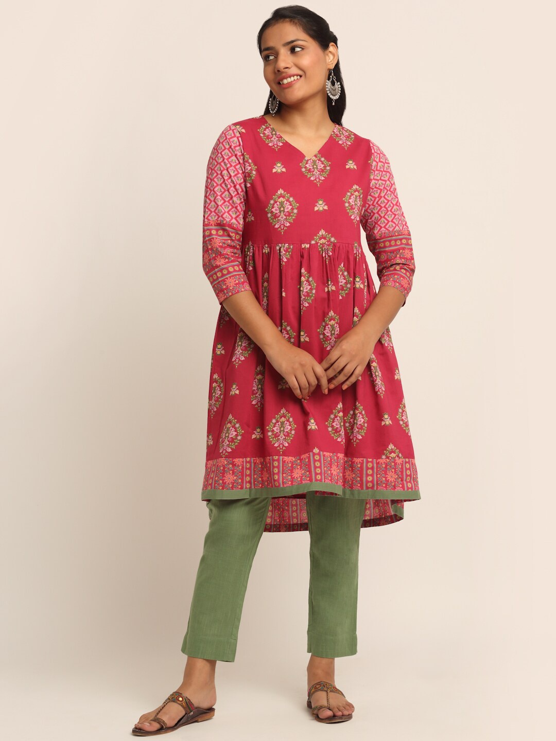 

EK BY EKTA KAPOOR Women Fuchsia Ethnic Motifs Printed Pure Cotton Anarkali Kurta