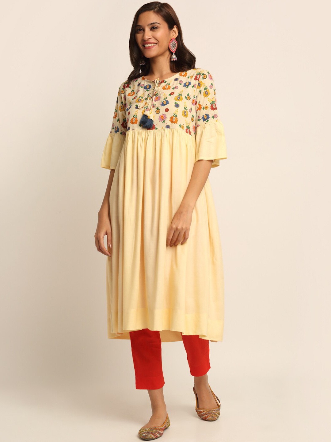 

EK BY EKTA KAPOOR Women Beige Printed Gathered Cotton Kurta with Bell Sleeve