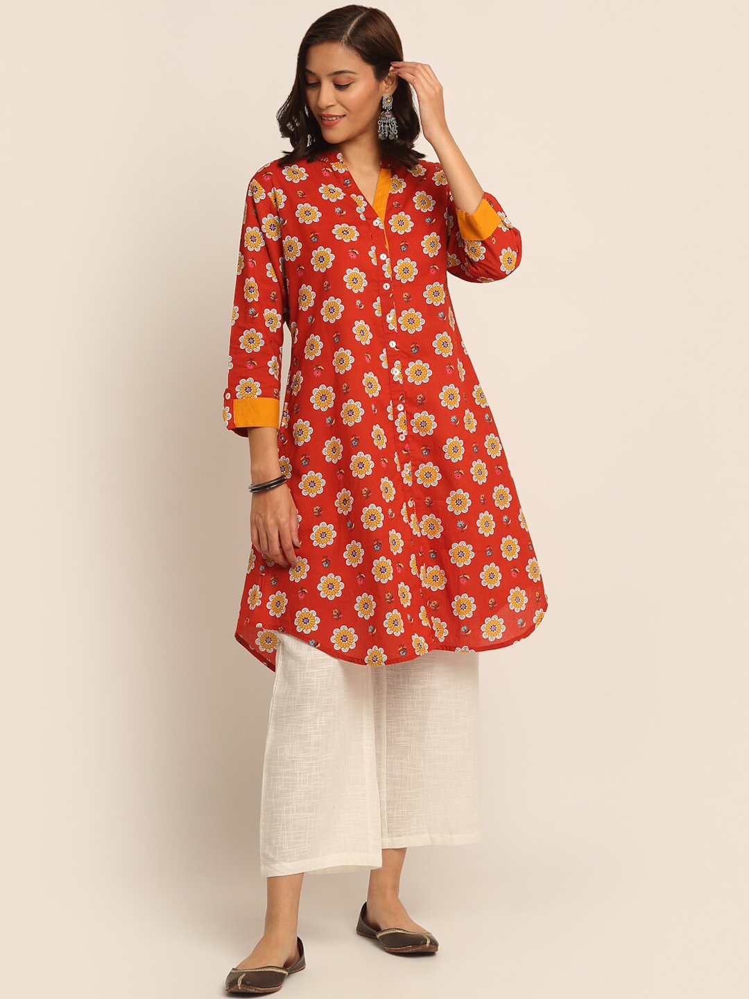 

EK BY EKTA KAPOOR Women Rust & Yellow Printed Mandarin Collar Cotton Kurta