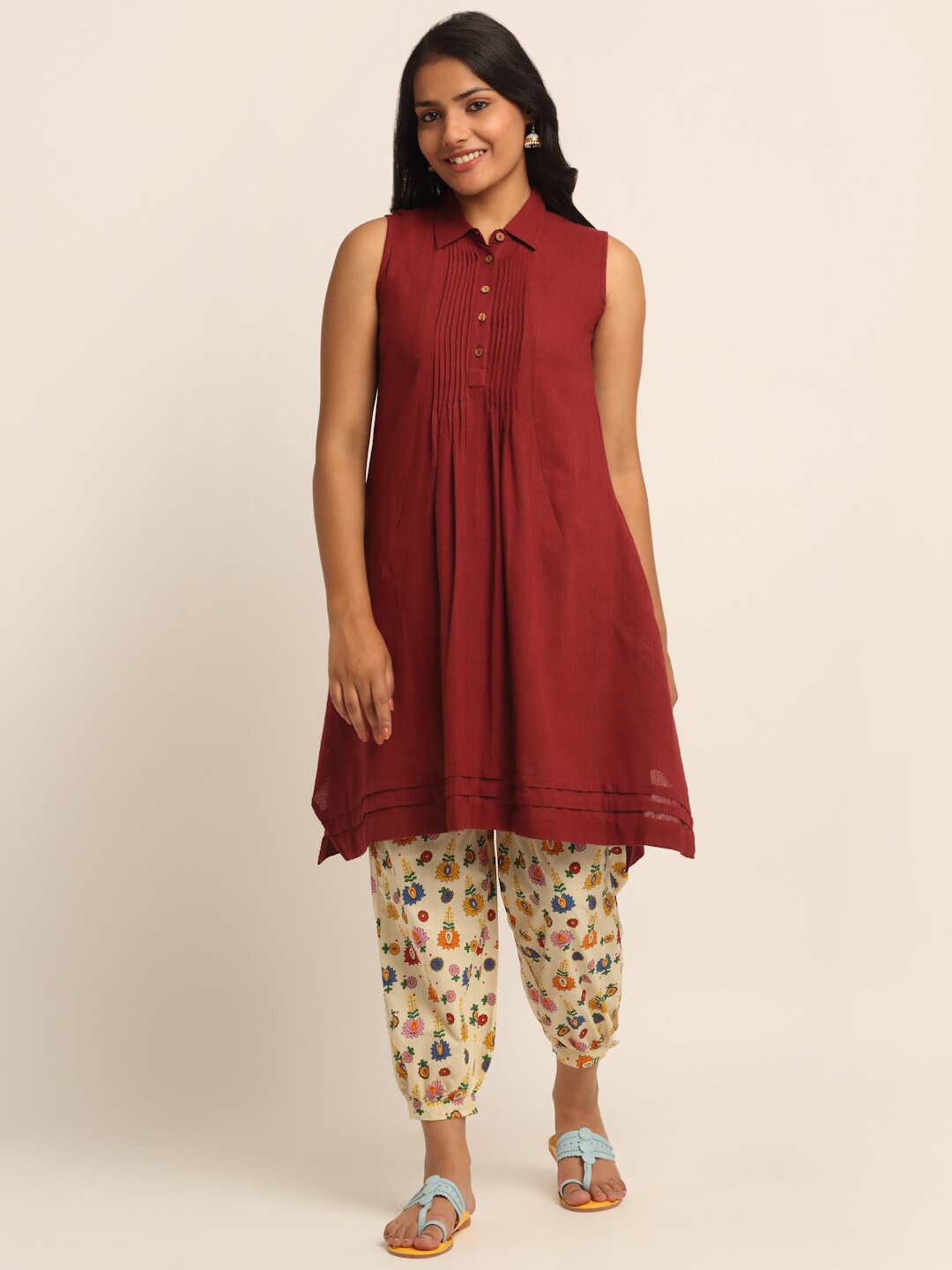

EK BY EKTA KAPOOR Women Maroon Cotton A-Line Kurta With Shirt Collar