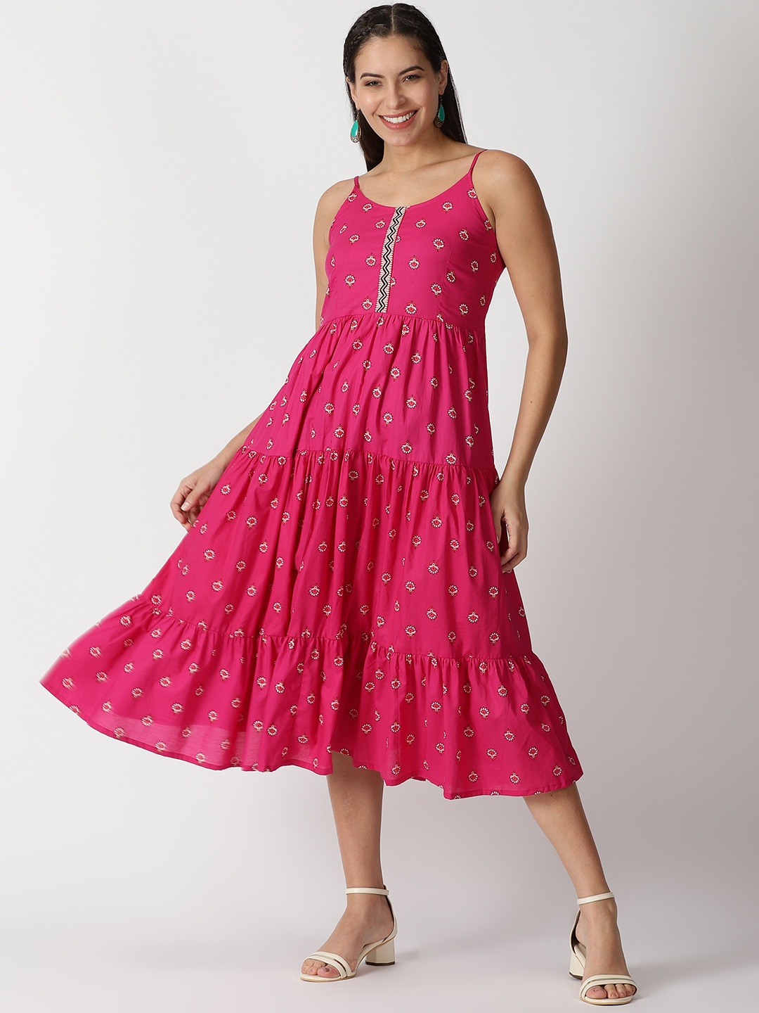 

Saffron Threads Women Pink Ethnic Motifs Printed Tiered Midi Dress