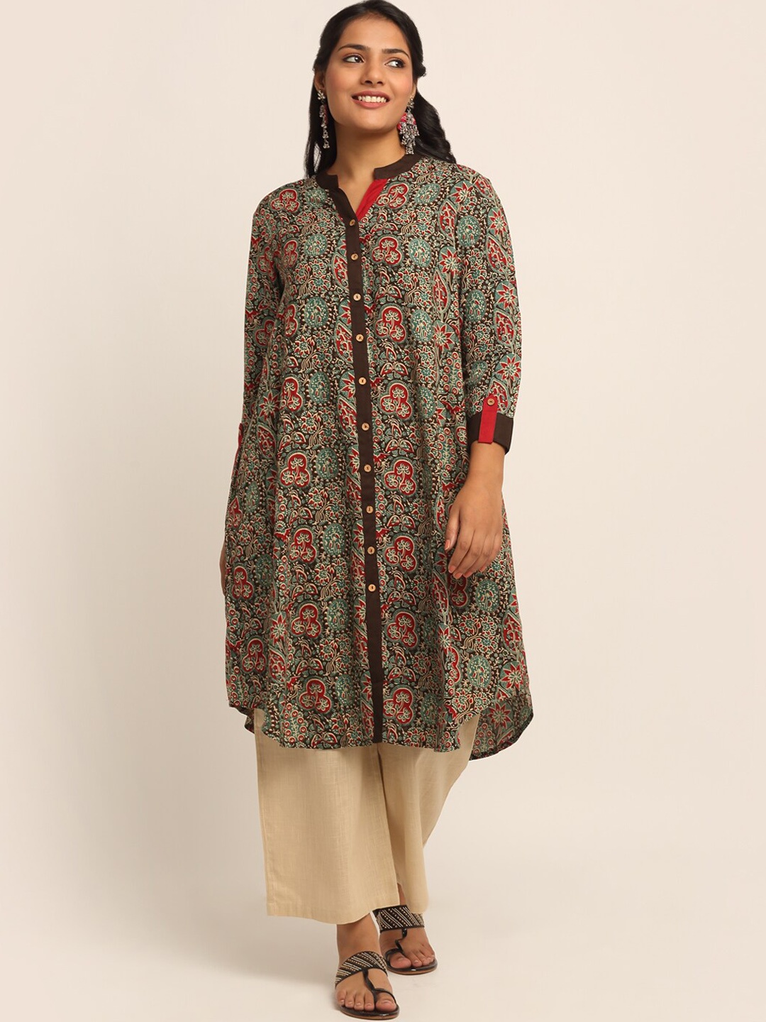 

EK BY EKTA KAPOOR Women Brown & Red Rayon A-Line Long Placket Kurta