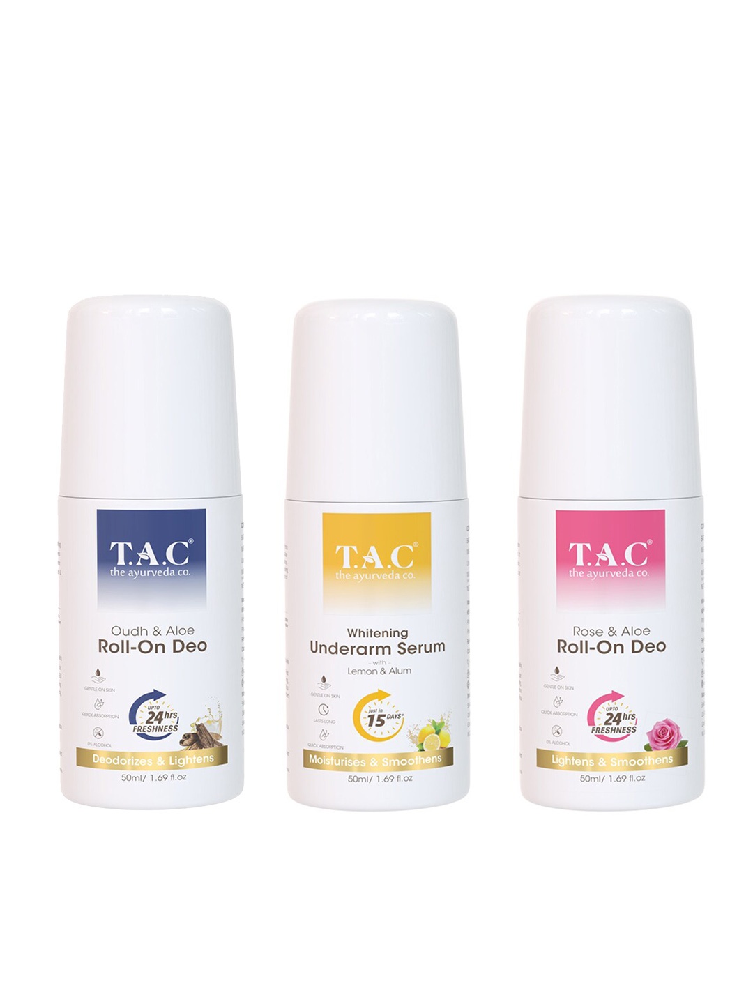 

TAC - The Ayurveda Co. Set Of 3 Roll On Deo 150 ml - Oudh & Aloe + Whitening + Rose & Aloe, White