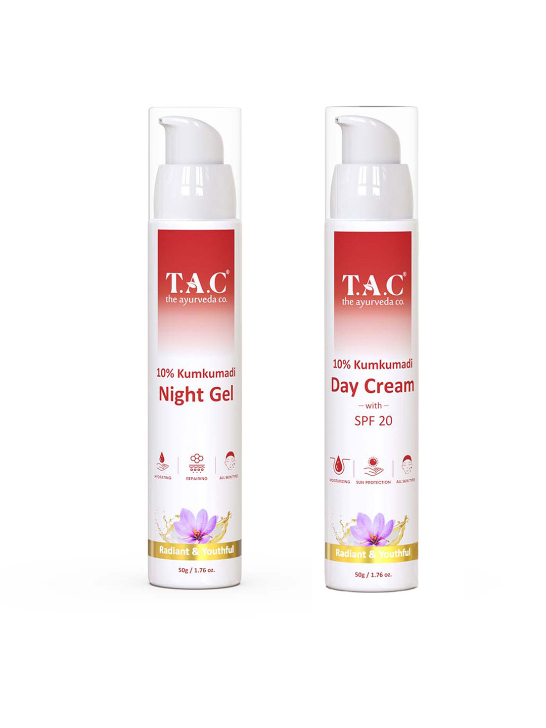 

TAC - The Ayurveda Co. Combo Of 10% Kumkumadi Night Gel & SPF20 Day Cream - 50g Each, White