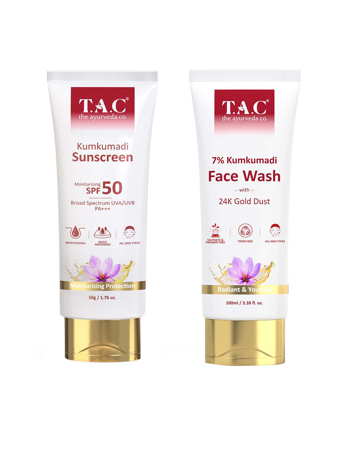 

TAC - The Ayurveda Co. Combo Of Kumkumadi SPF 50 Sunscreen 50g & Face Wash 100 ml, White